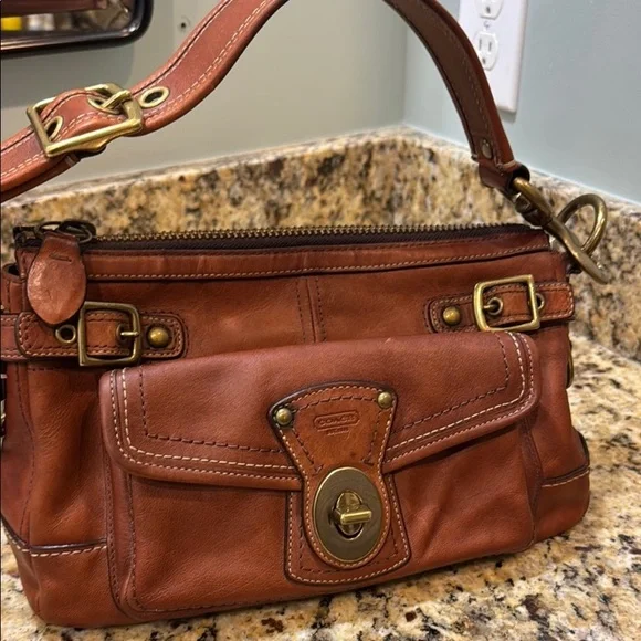 Coach Tan Leather Shoulder Bag with Brass Accents - Picture 1 of 8